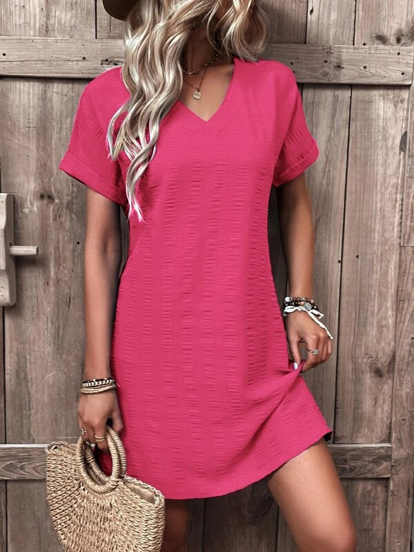 Women's V-neck Casual Linen Dress with Short Sleeves Ivyshape