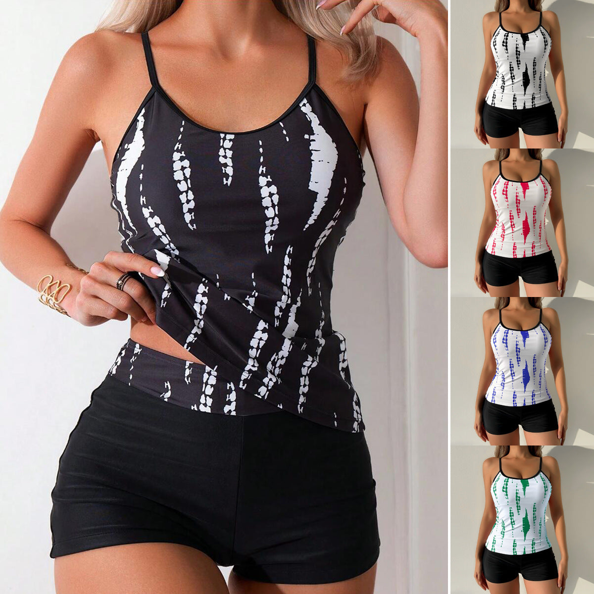 Ladies' Sporty Tankini Set with Fashionable Pattern and High-Waisted Shorts Ivyshape