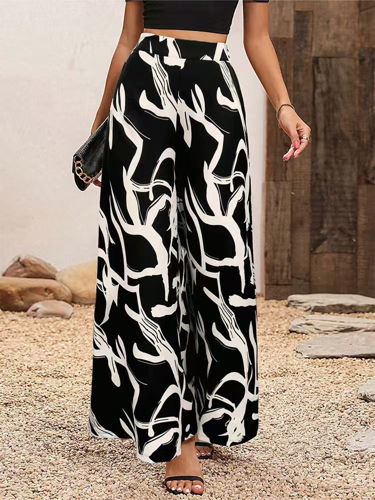 Women Wide Cut Palazzo Pants with Floral Pattern and Elegant Waistband Ivyshape