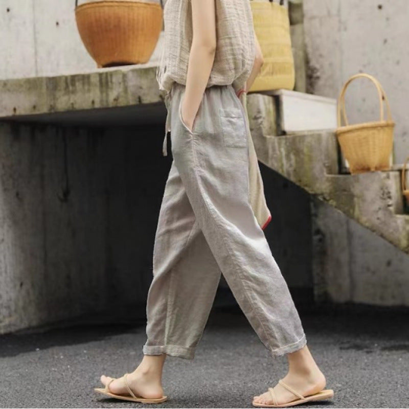 Women's casual linen pants with elastic waistband and side pockets Ivyshape