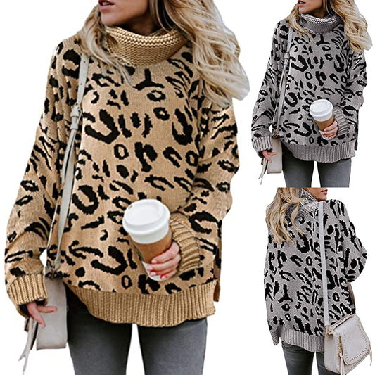 Women's oversized knitted sweater with leopard pattern and high collar Ivyshape