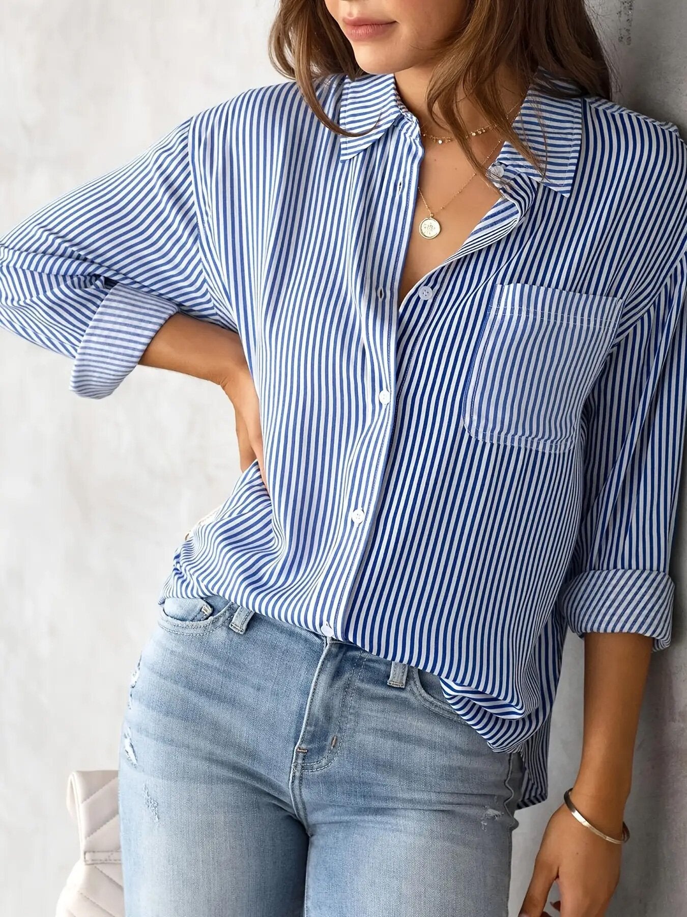 Women Casual Striped Blouse with Chest Pocket Ivyshape