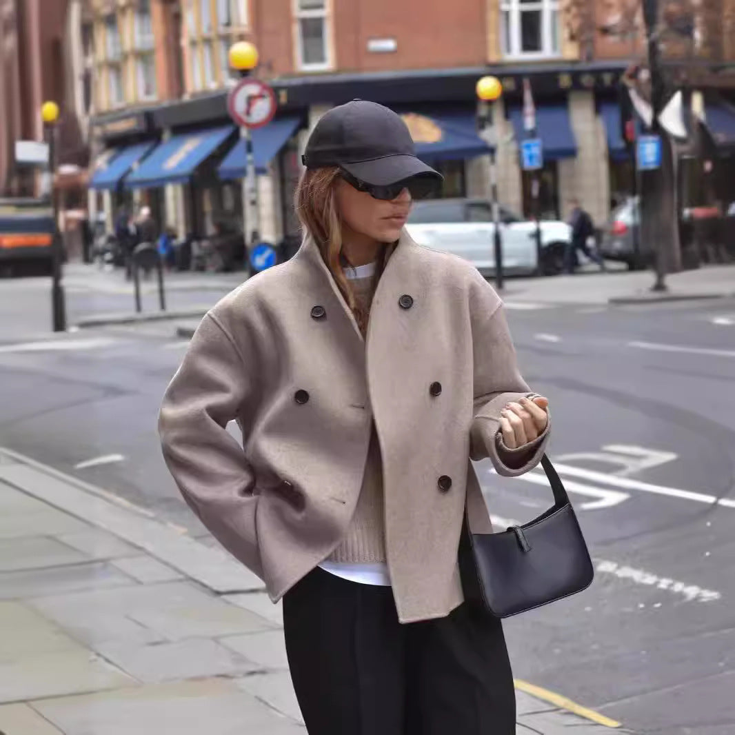 Women's fashionable wool jacket with double button placket and elaborate cut Ivyshape