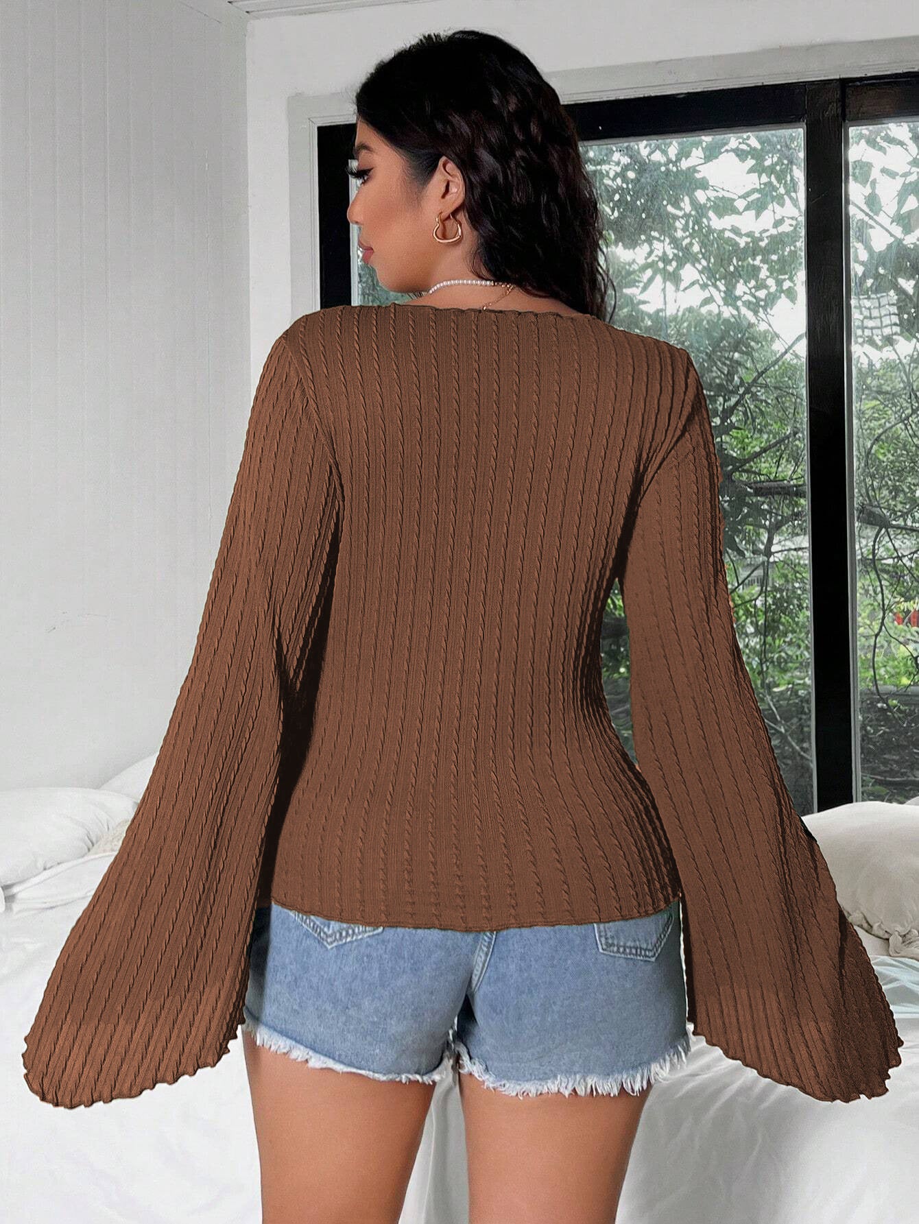 Women casual blouse shirt with deep V-neck and bell sleeves Ivyshape