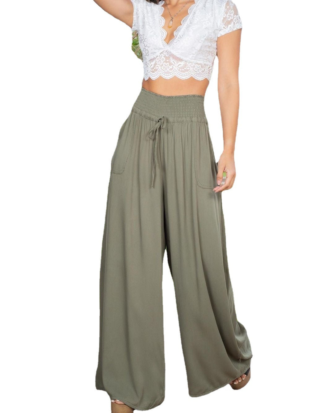 Women's wide palazzo pants in a casual cut with elastic waistband and pockets Ivyshape