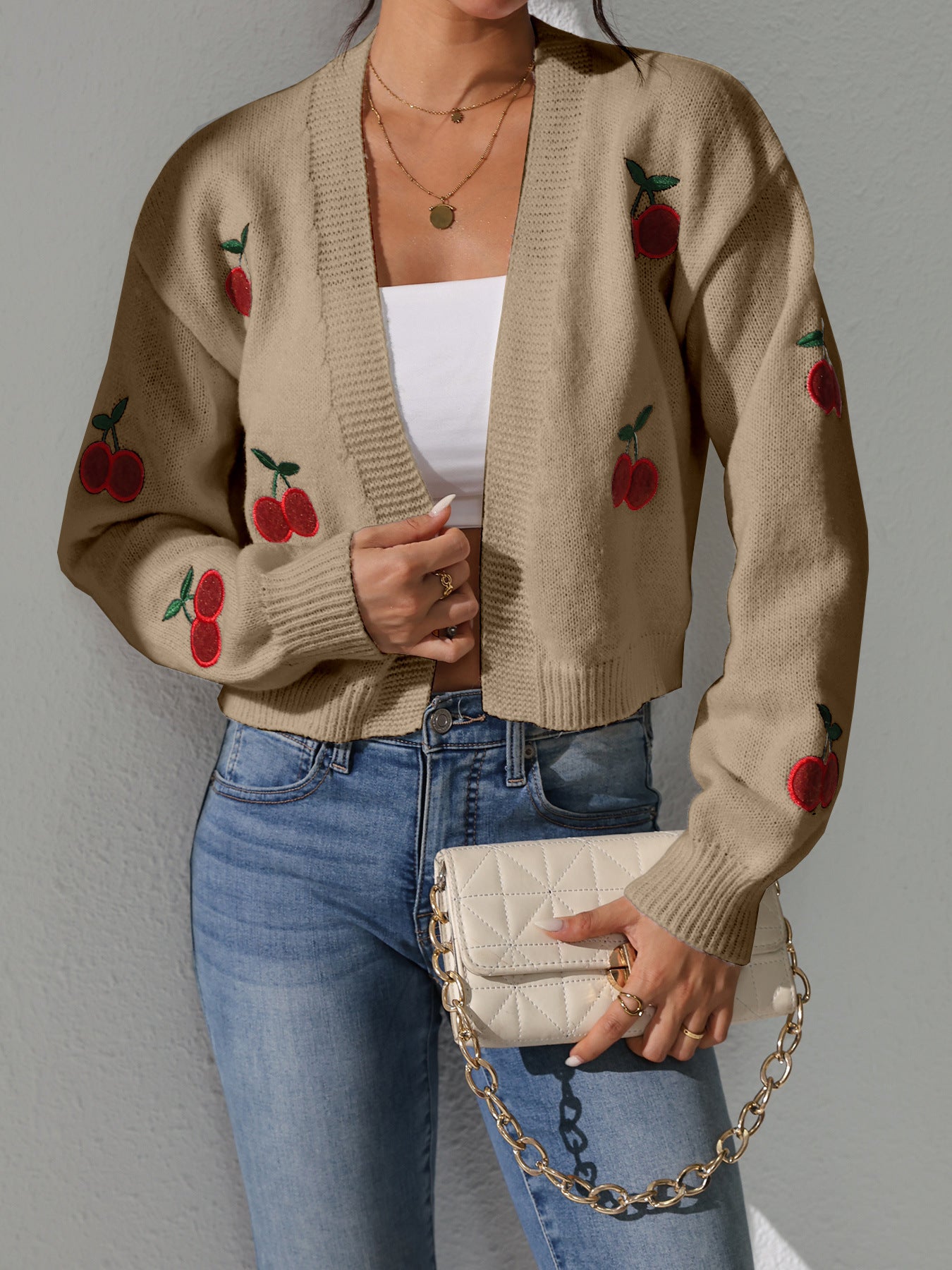 Ladies airy knitted cardigan with sweet cherry embroidery Ivyshape