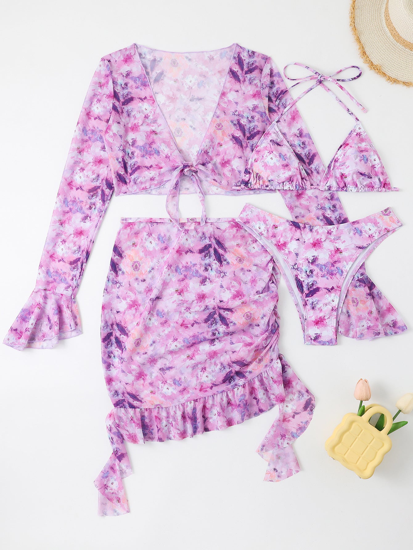 Women’s swimwear set with floral cover-up and triangle bikini Ivyshape