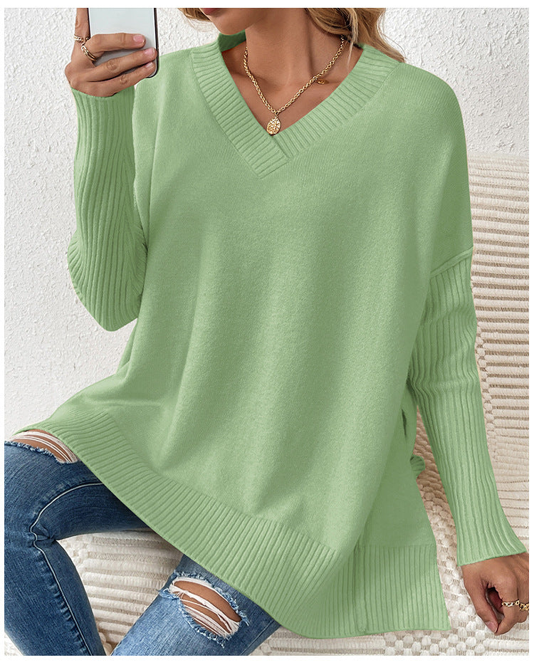 IvyShape | V-Neck Split Long Sleeve Knit Sweater