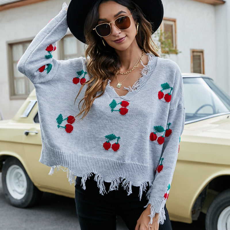 IvyShape | V-neck fringe sweater