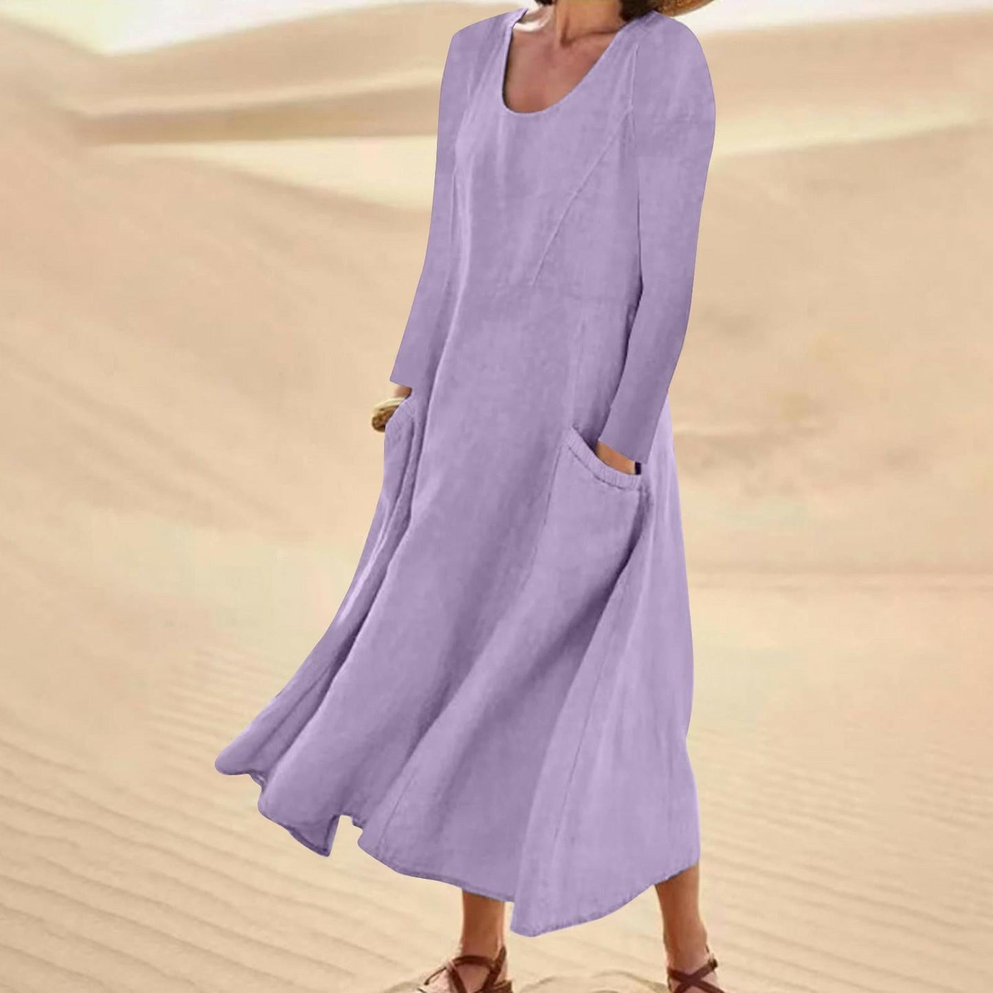 Ivyshape | Long-Sleeved Solid Color Dress with Round Neck Cutout