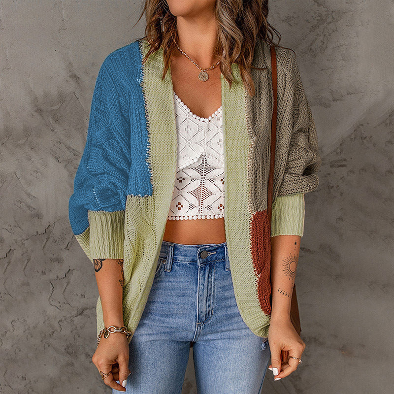 Women's casual cardigan with colorful patchwork design and loose fit Ivyshape