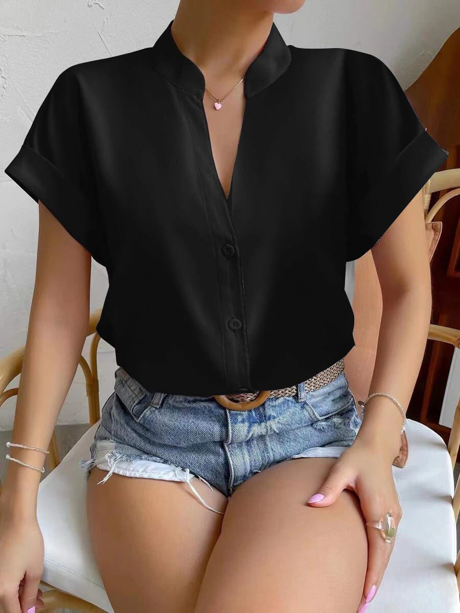 Women Elegant Short Sleeve Blouse with Stand Collar and Subtle Button Details Ivyshape