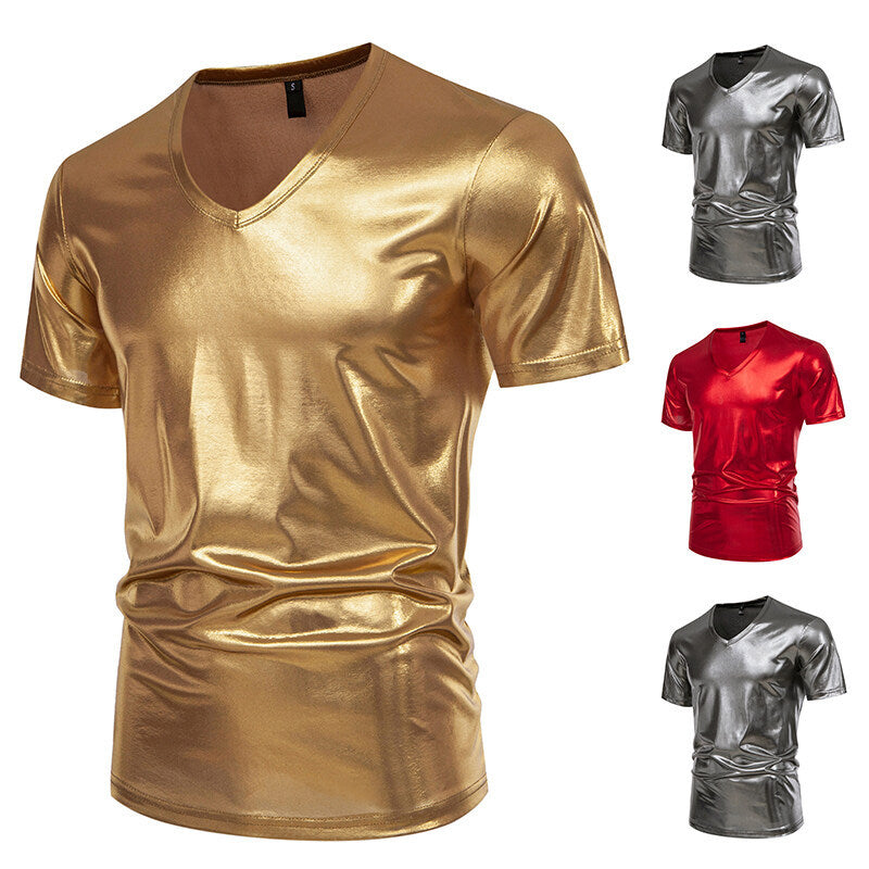 Men's V-neck T-shirt made of shiny material with personal style Ivyshape