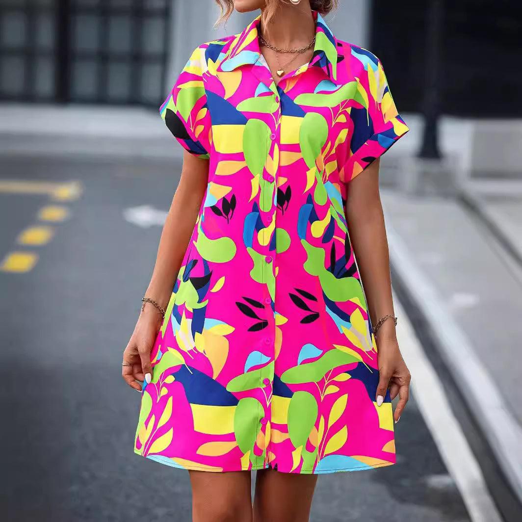 Women's Short-Sleeved Shirt Dress with Fresh Leaf Print Ivyshape