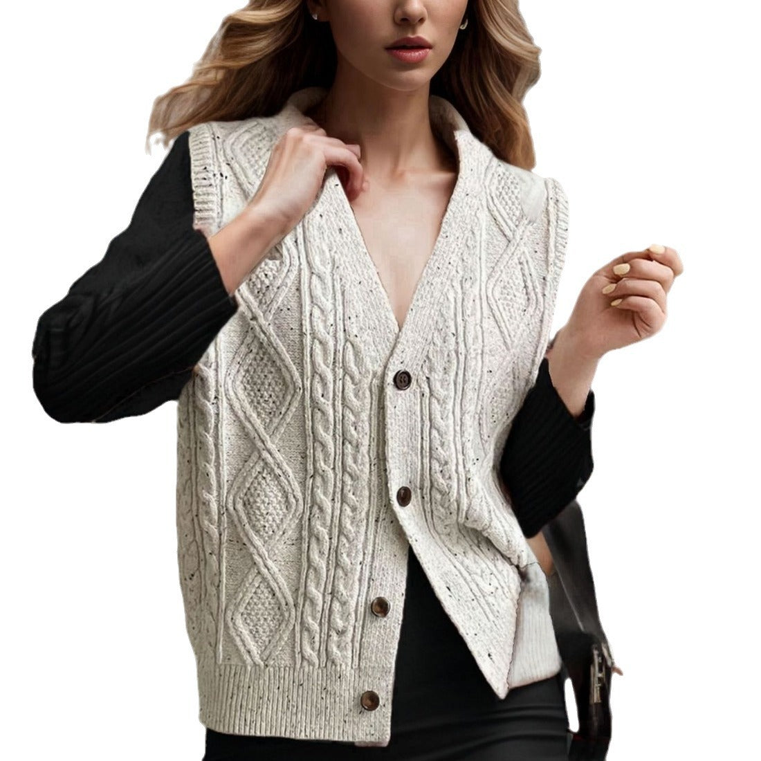 Women's knitted vest with intricate cable pattern and button details Ivyshape