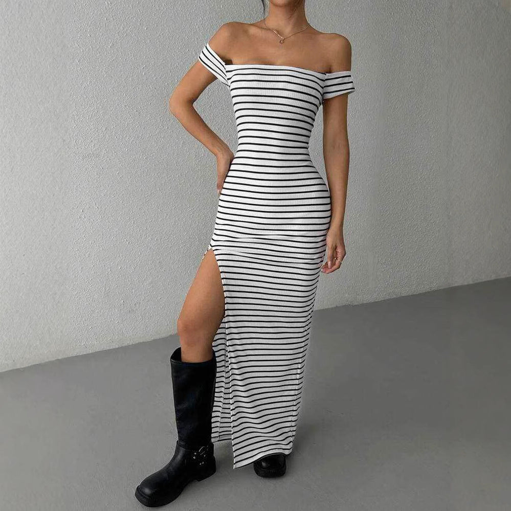 Women Figure-Hugging Dress with Off-Shoulder Neckline and Slit Ivyshape