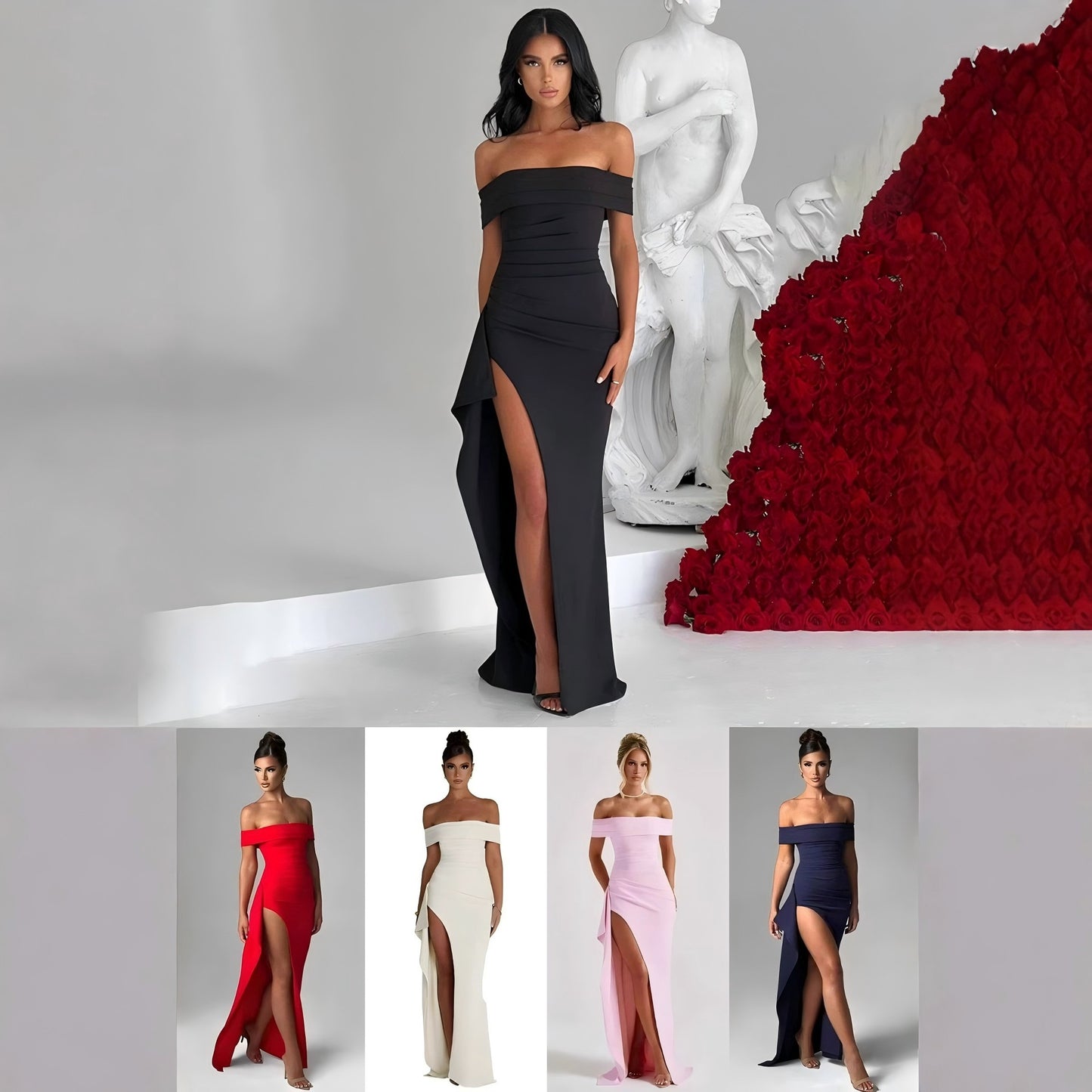 Women's Elegant Off-Shoulder Evening Dress with High Split and Tailored Fit Ivyshape