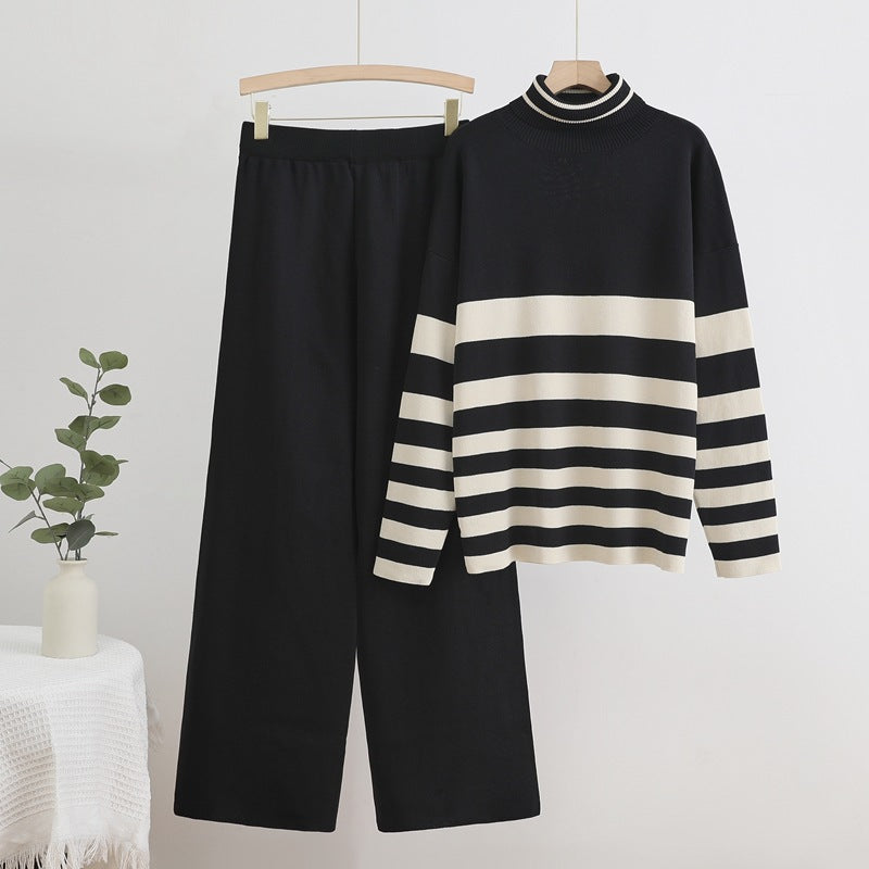 IvyShape | High-neck sweater and wide-cut trousers knit set