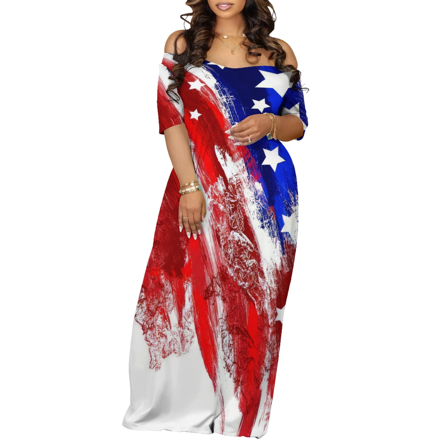 Women's Off-Shoulder Maxi Dress in Creative Graphic Design and Comfortable Fit Ivyshape