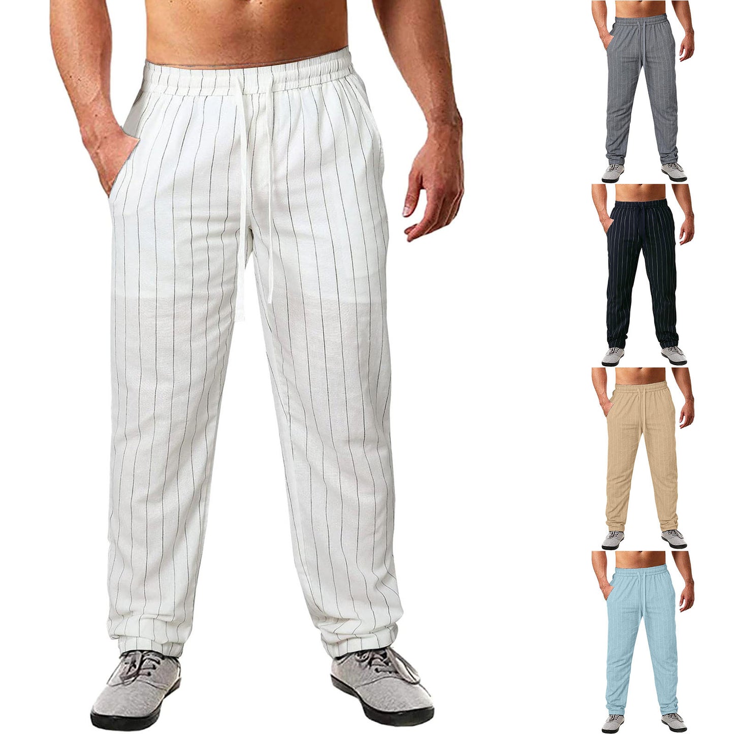 Men's casual striped pants made of cotton blend with elastic waistband and practical side pockets Ivyshape