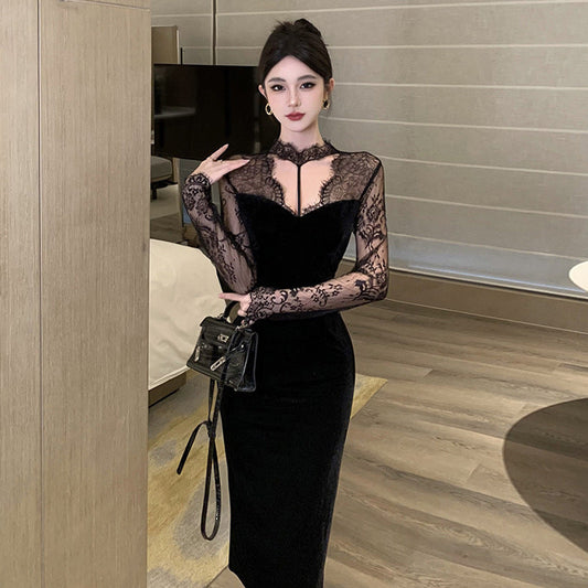 IvyShape | Velvet-Dress Yuanfeng Gold Velvet Lace Dress