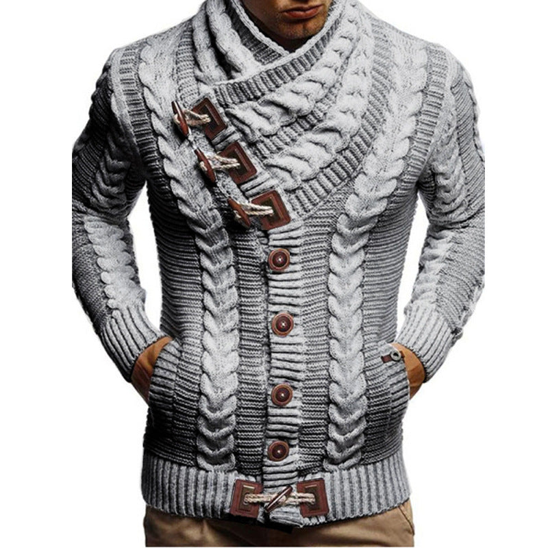 Men's chunky knit cardigan with creative shawl collar and button details Ivyshape