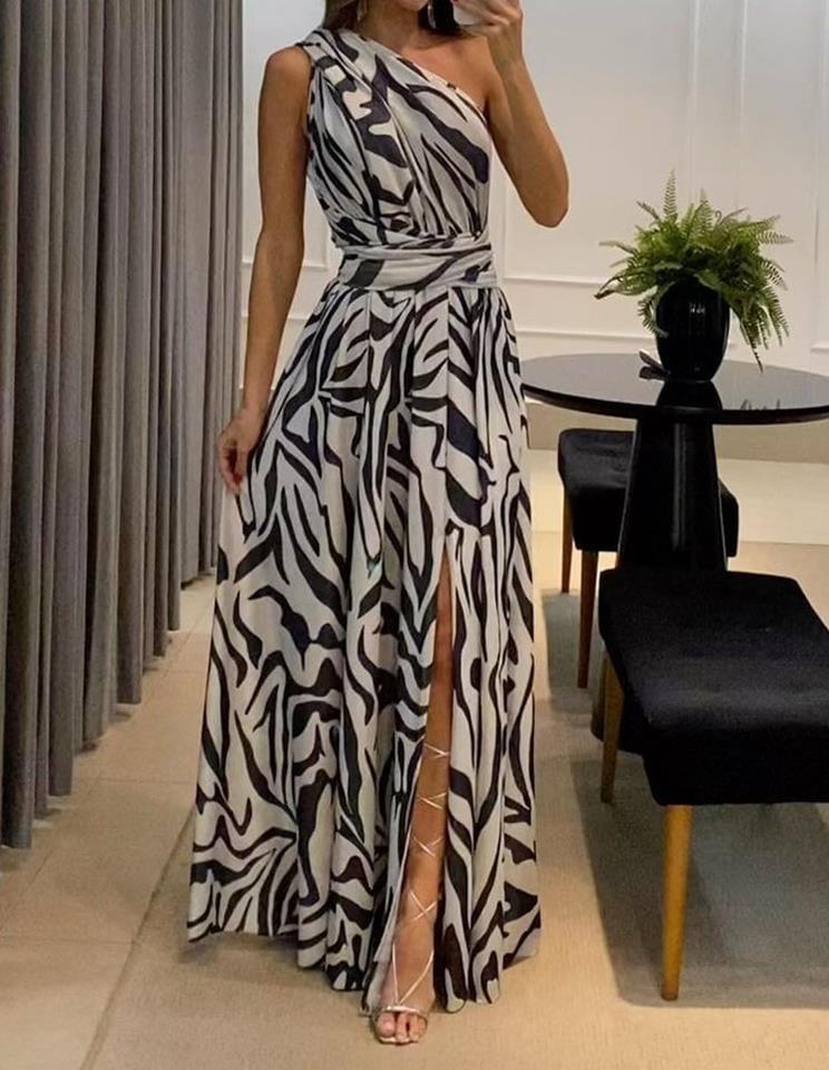 IvyShape | Alluring Backless One-Shoulder Printed Long Dress