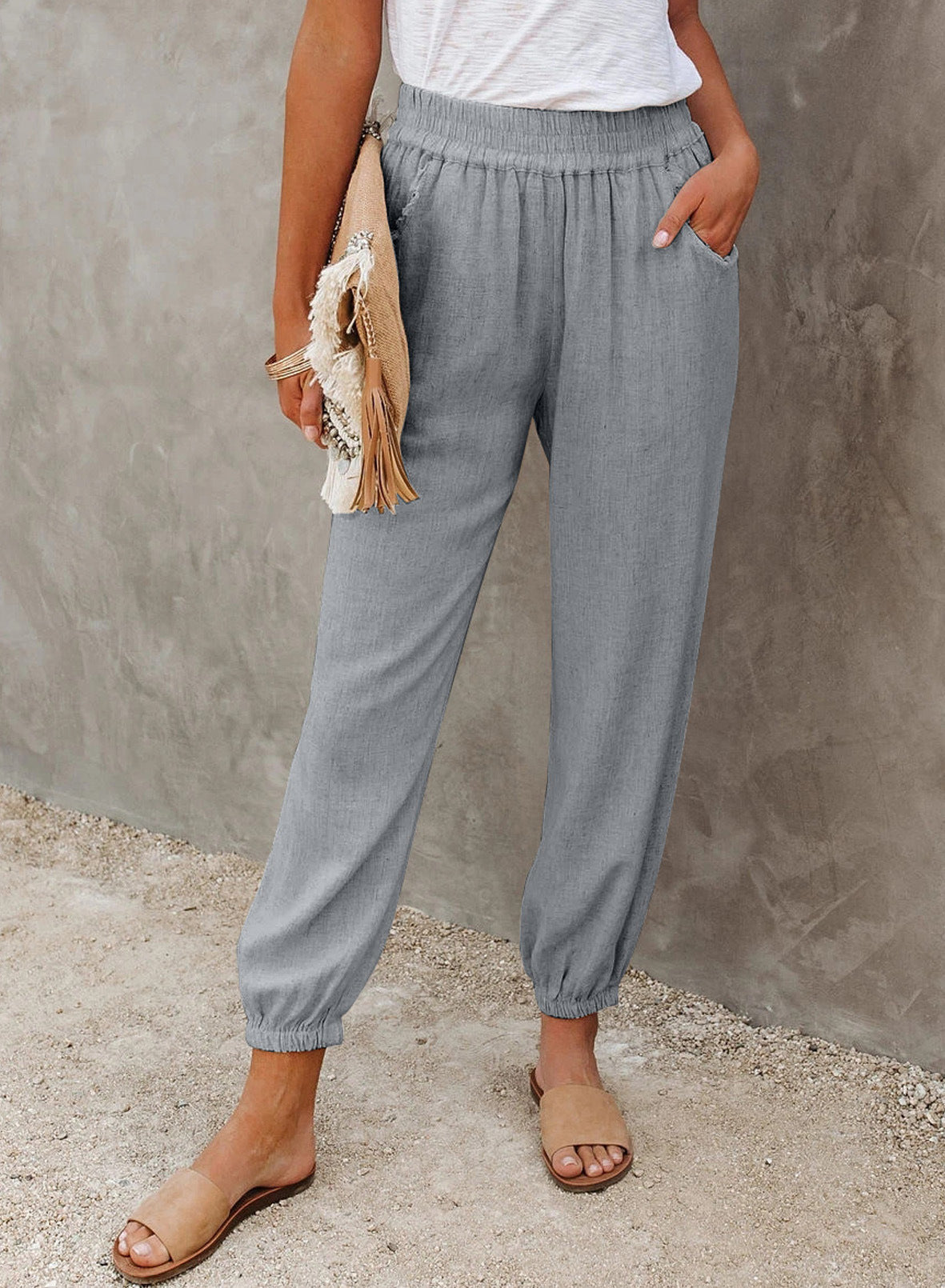 Women's casual linen pants with elastic waistband and drawstring Ivyshape