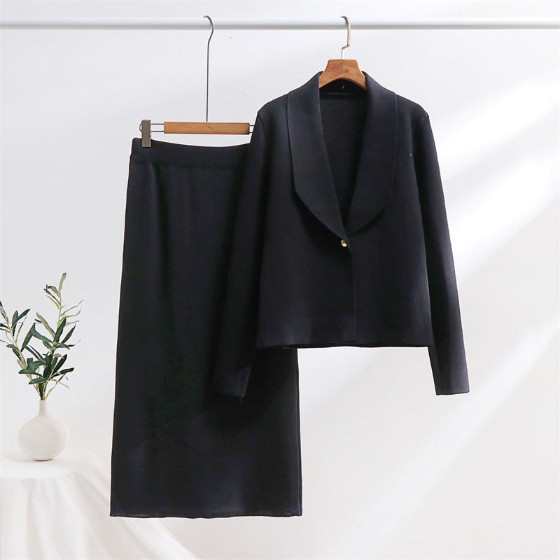 Ladies elegant knit ensemble with blazer and midi skirt Ivyshape