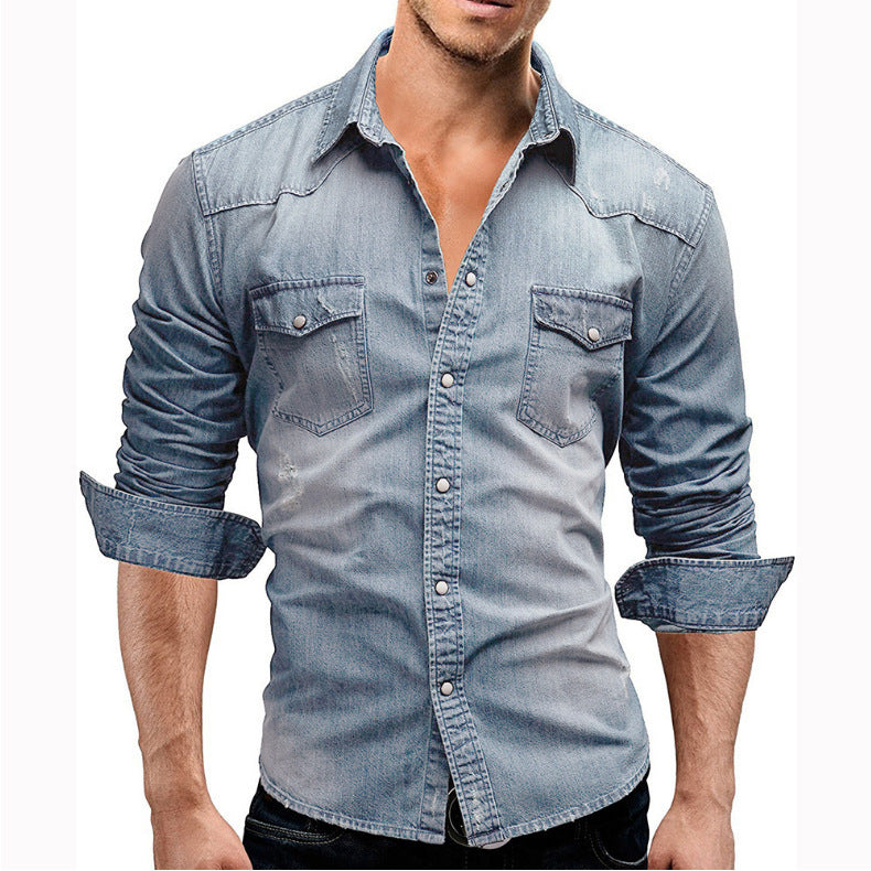 Men's denim shirt with stylish flap pockets and fashionable slim fit Ivyshape