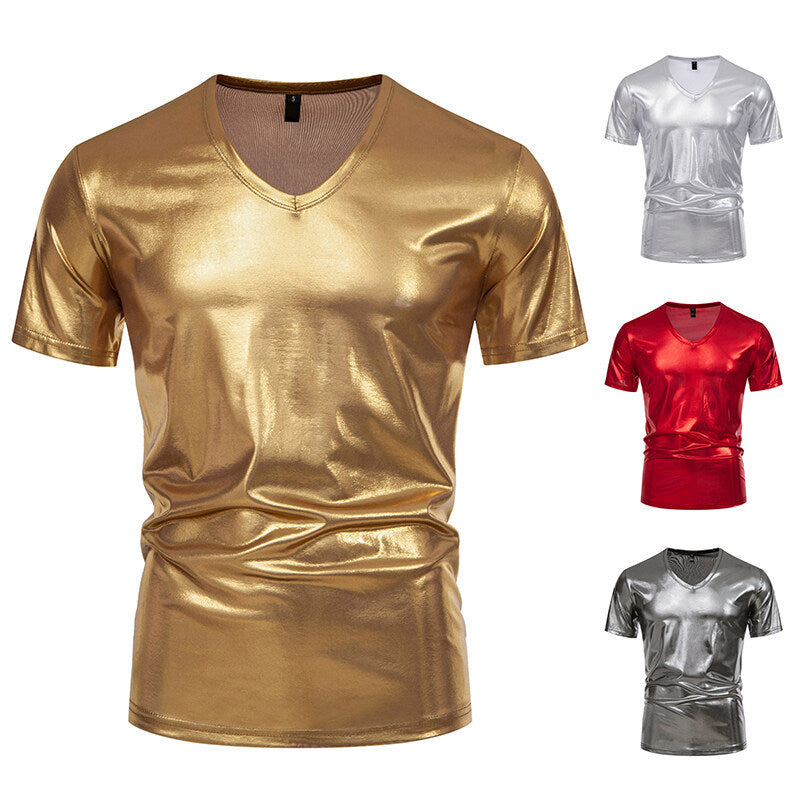 Men's V-neck T-shirt made of shiny material with personal style Ivyshape