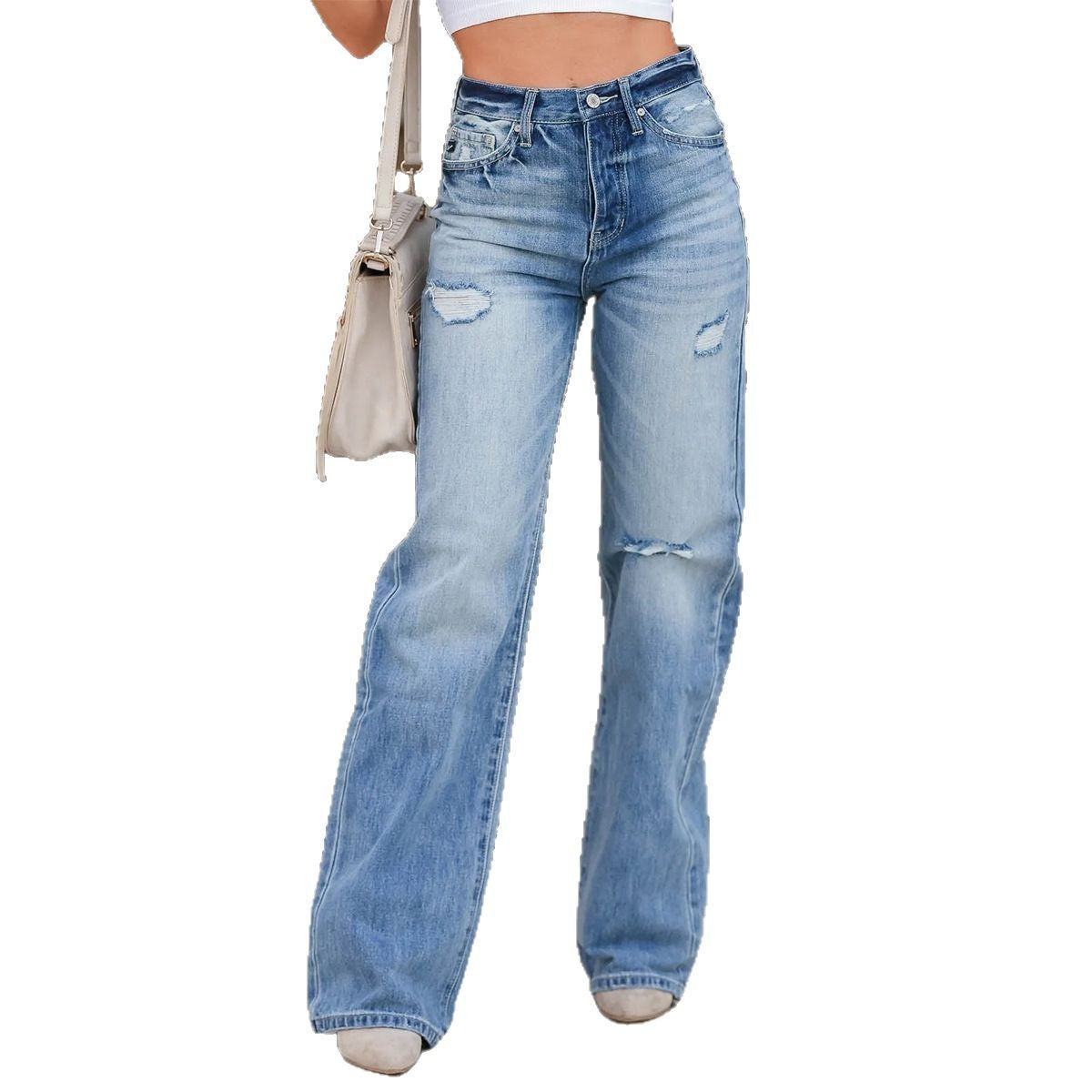 Women's Loose Fitting High-Waist Jeans with Fashionable Destroyed Details Ivyshape