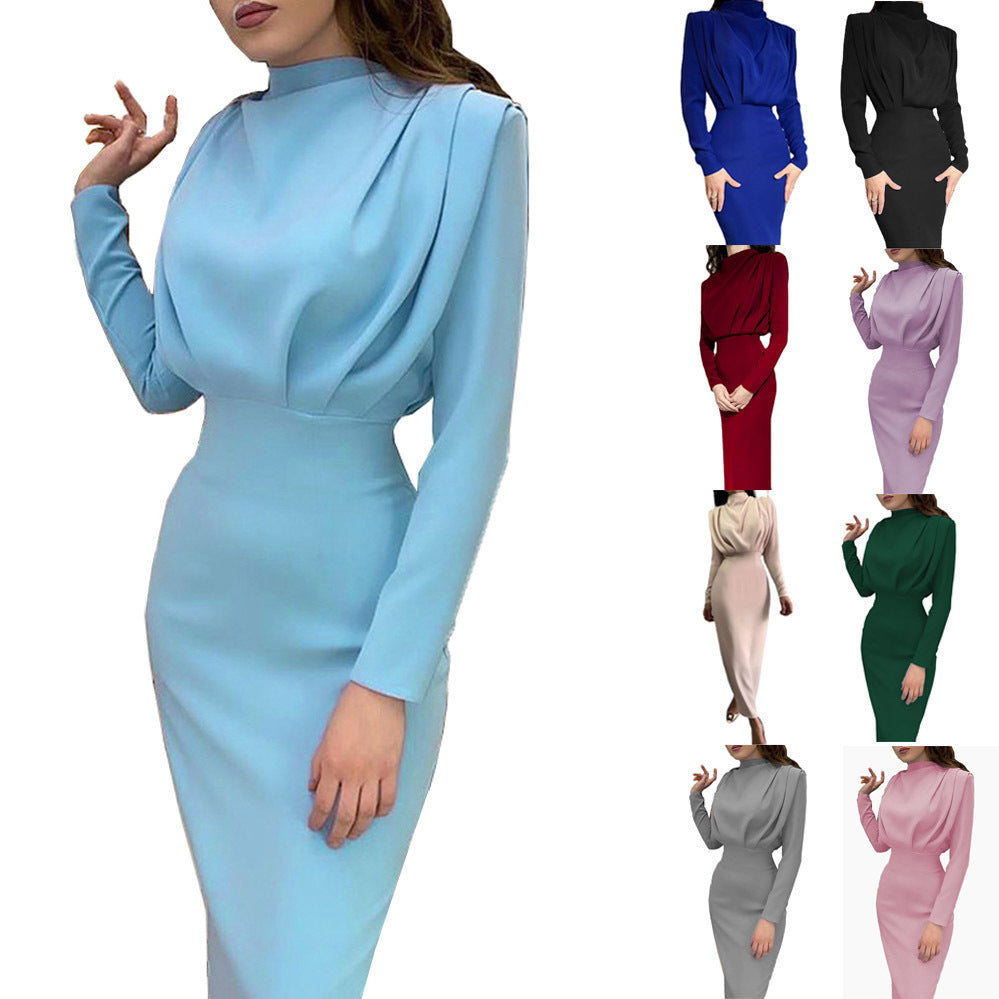 Women's Elegant and Form-Fitting Long Sleeve Dress with High Collar Ivyshape
