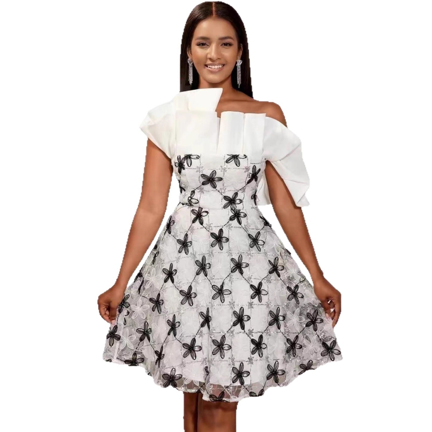 Women evening dress with asymmetric top and floral details Ivyshape