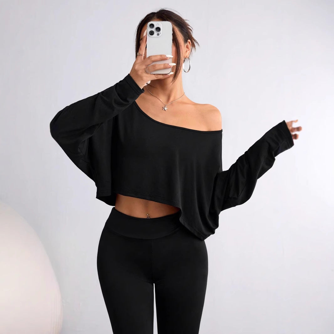 Women's casual oversized long-sleeve shirt with asymmetrical hem and boat neckline Ivyshape