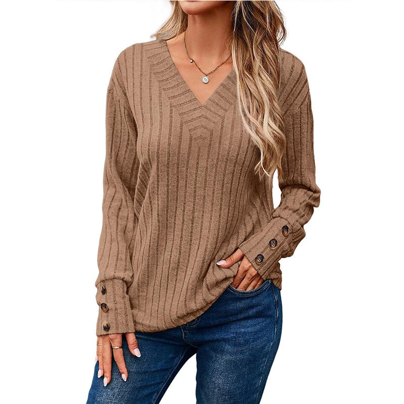Women Elegant V-neck Knit Top with Button Details Ivyshape