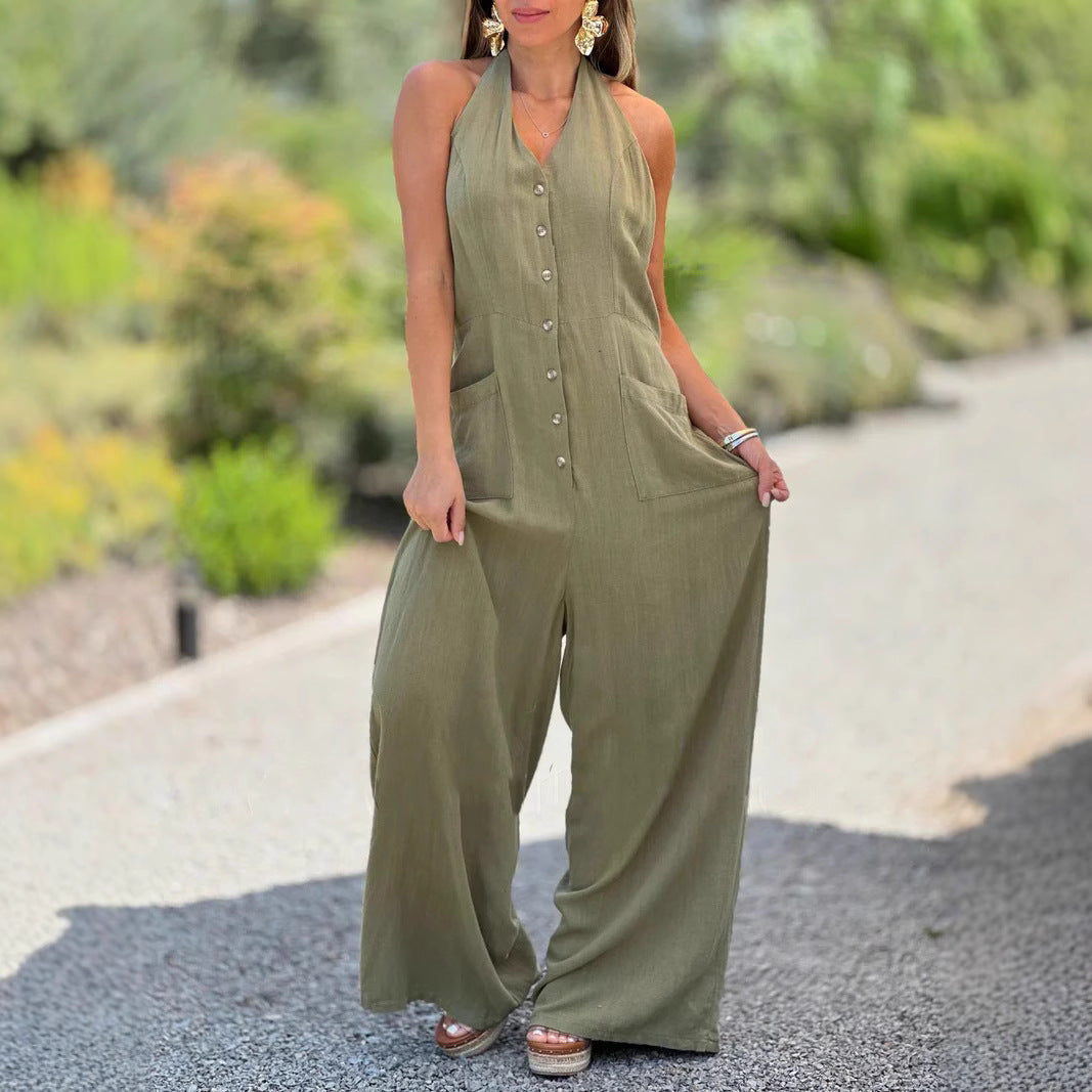 IvyShape | Backless Sleeveless Loose Cotton Linen Tie Jumpsuit