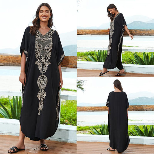 Ladies maxi dress with intricate embroidery and flared sleeves Ivyshape