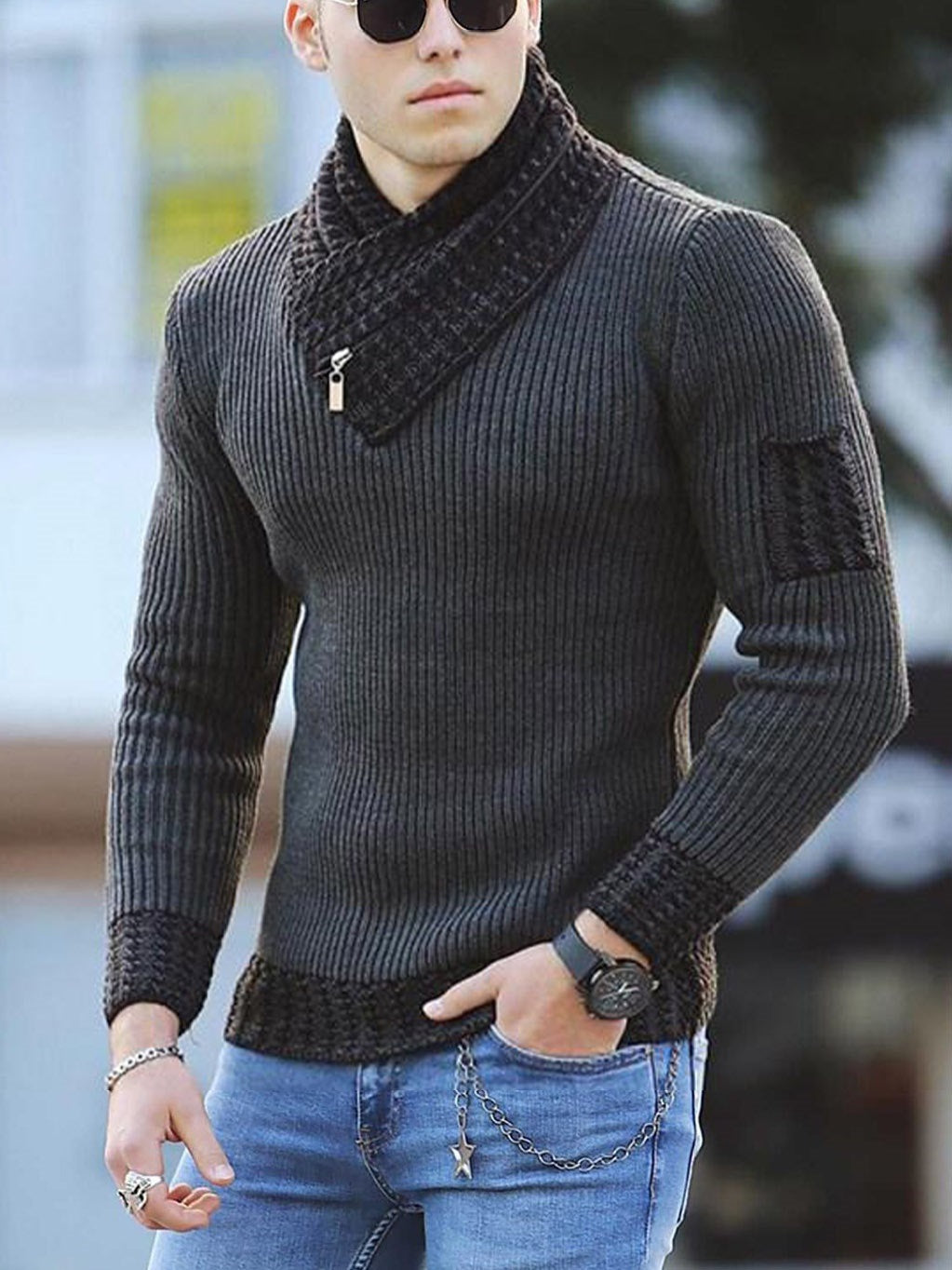 Men's knitted pullover with modern collar and zipper Ivyshape