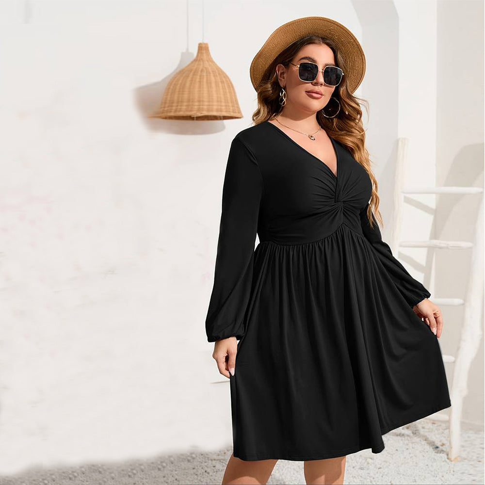 Women elegant viscose dress with voluminous puff sleeves and deep V-neck Ivyshape