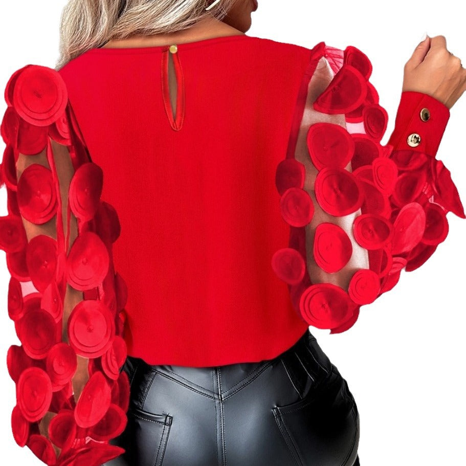 Women Elegant Blouse with Transparent Sleeves and Pompoms Ivyshape