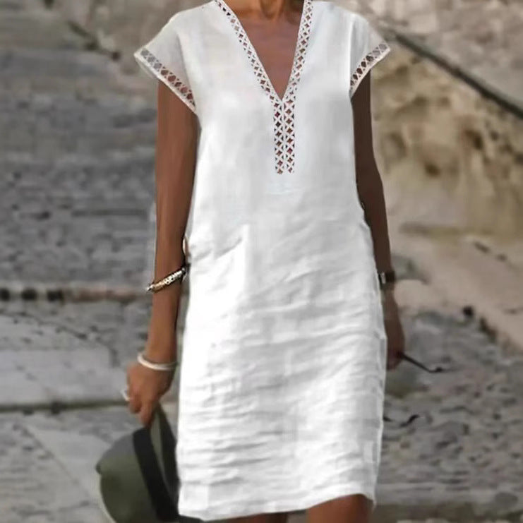Women's Lightweight Linen Dress with V-Neck and Subtle Cut-Out Accents Ivyshape