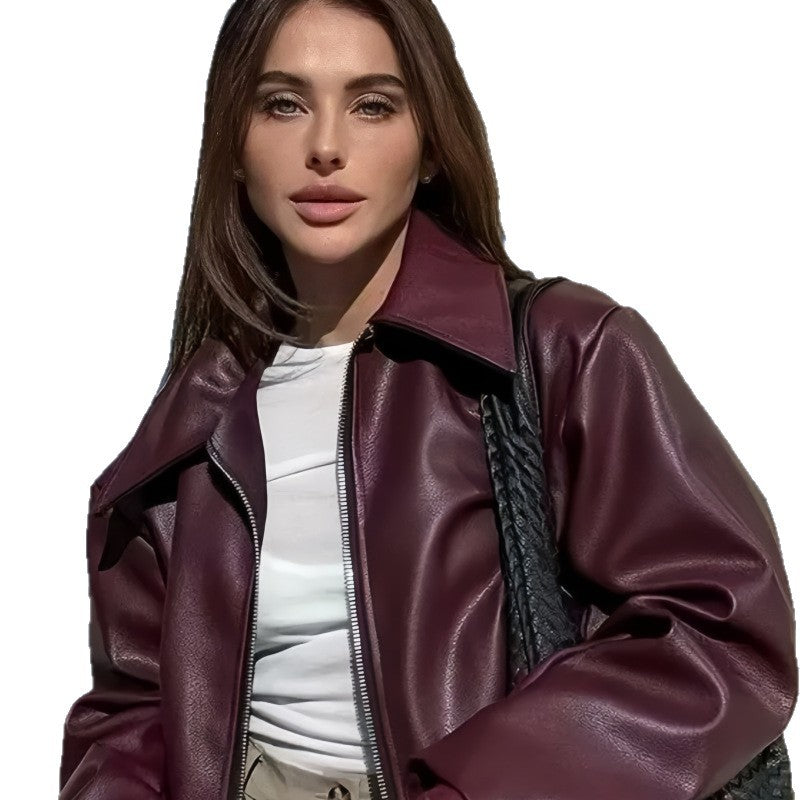 Women Faux Leather Jacket with Stand Collar and Voluminous Sleeves Ivyshape