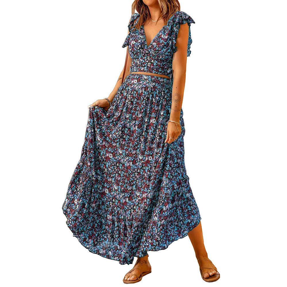 Ladies maxi dress with ruffle details and floral design Ivyshape