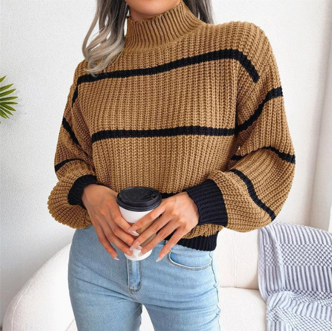 IvyShape | Casual Striped Lantern Sleeve High Neck Sweater