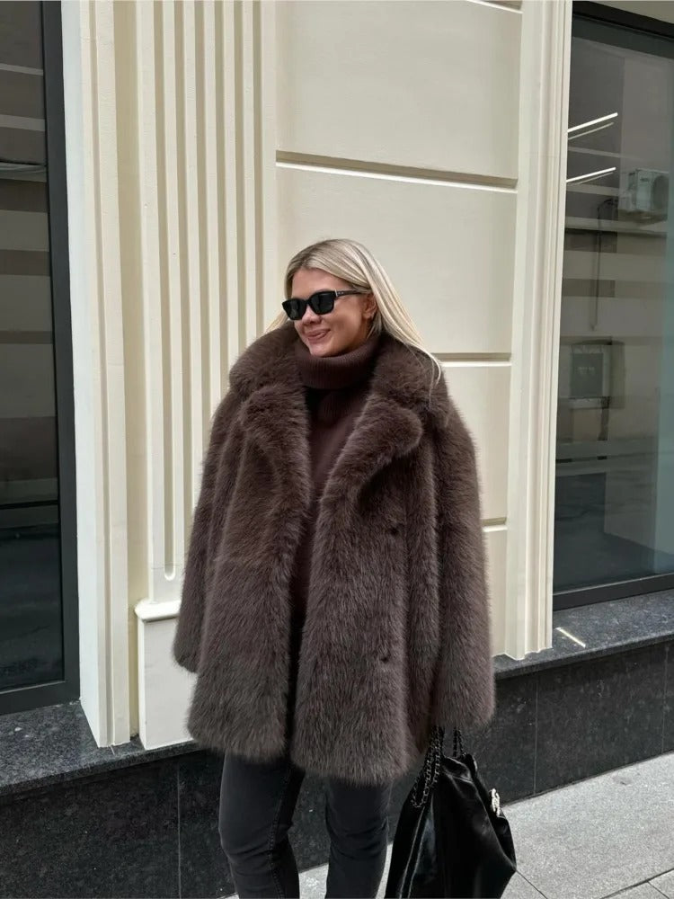 Women Fashion Faux Fur Jacket with Voluminous Sleeves Ivyshape
