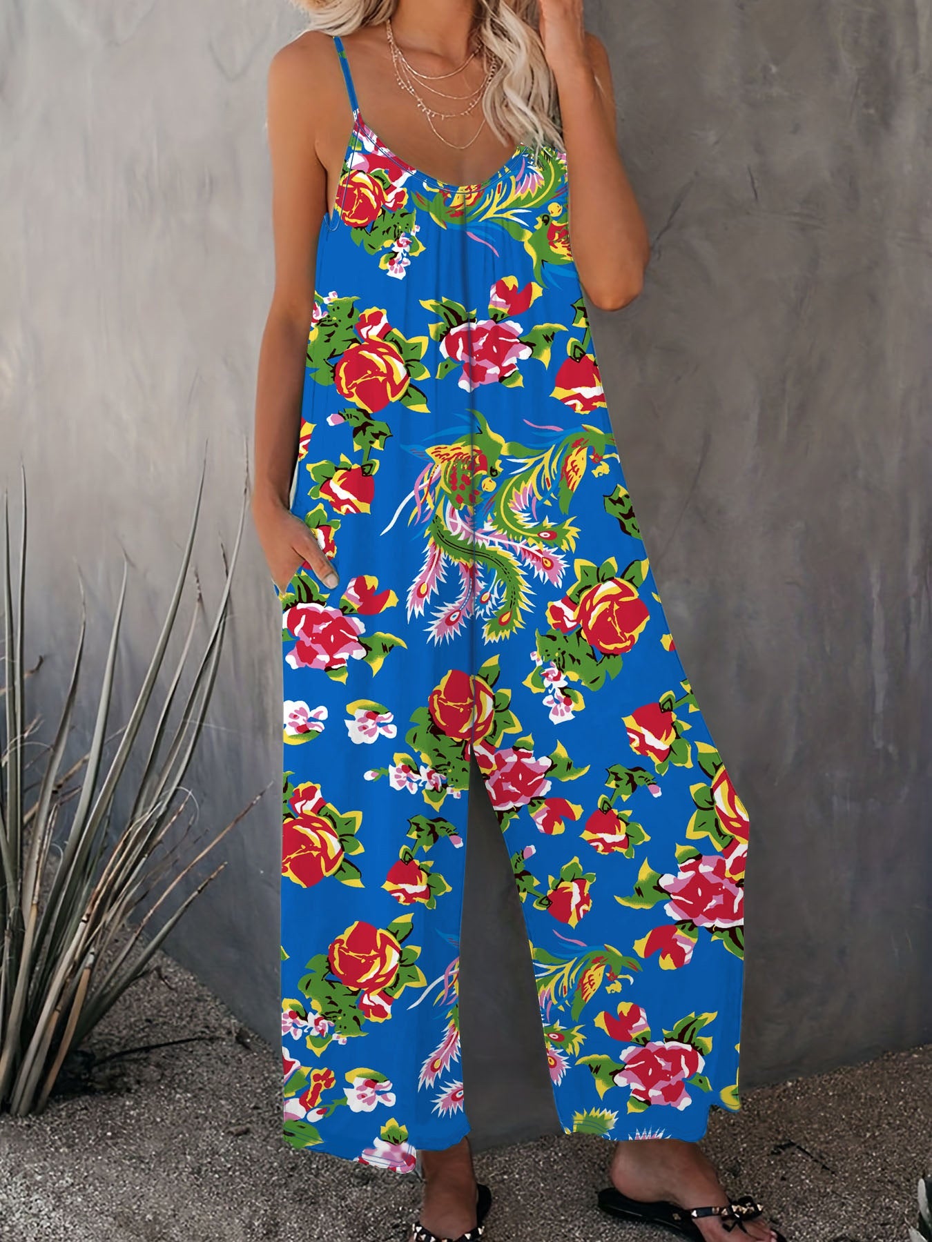 IvyShape | Printed Insert Pocket Loose Casual Strap Jumpsuit