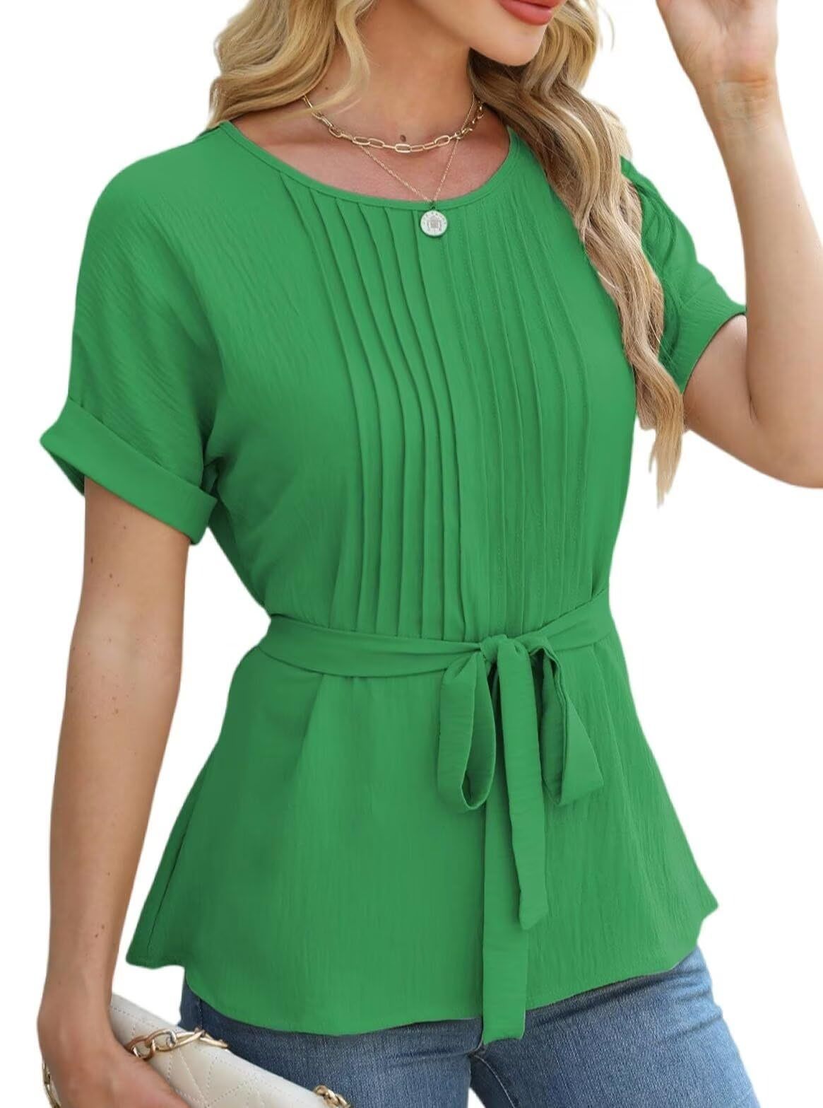 Ladies elegant shirt with pleated details and fitted belt Ivyshape