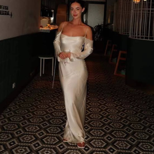 Women Elegant Satin Long Dress with Off-Shoulder Sleeves Ivyshape