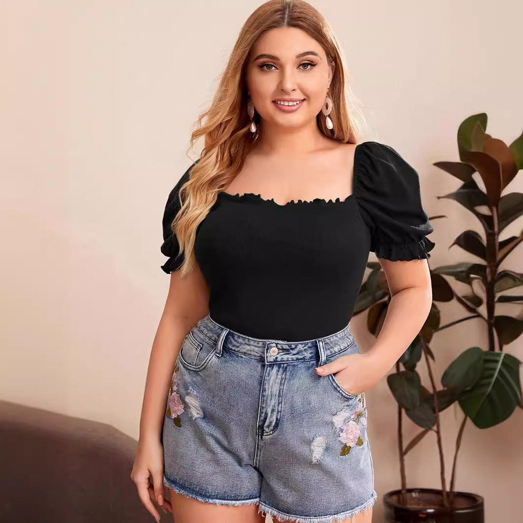 Ladies fitted top with puff sleeves and square neckline Ivyshape